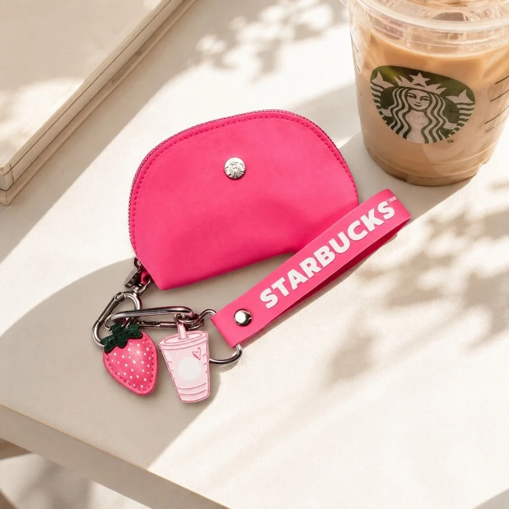 Starbucks Pink Drink Keychain Pouch & Charms Hot Pink Nylon Wristlet Limited Ed